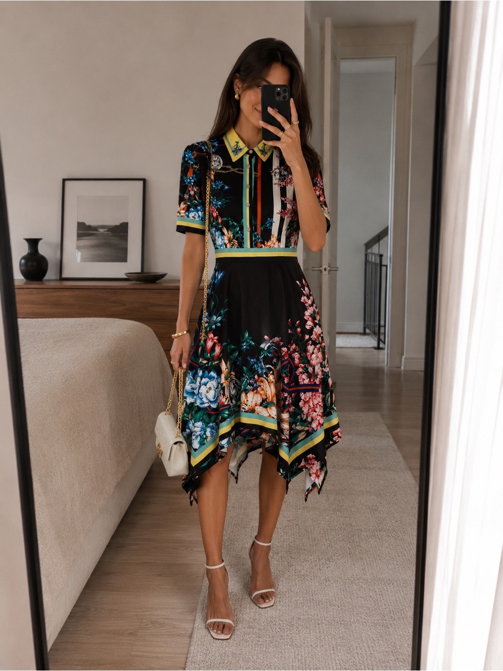 Dalia MacPhee Floral Handkerchief Hem Shirt Dress Black Multi Size L NWT